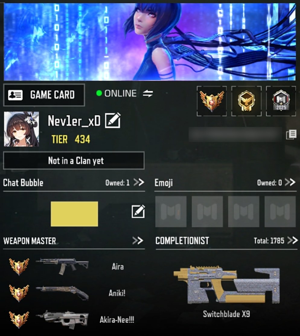 Call of Duty Mobile profile card for Nev1er_xD, tier 434